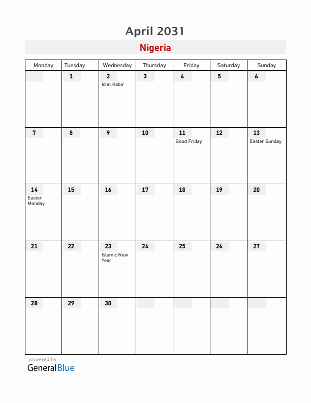 Nigeria April 2031 Calendar with Holidays