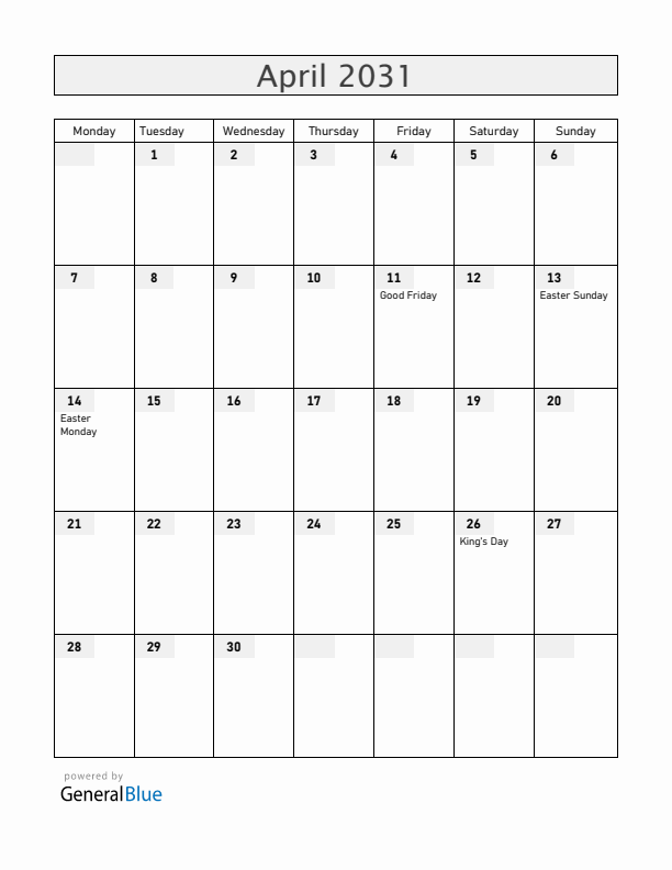 The Netherlands April 2031 Calendar with Holidays
