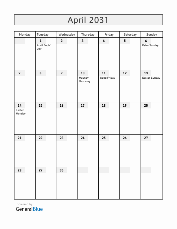 Norway April 2031 Calendar with Holidays