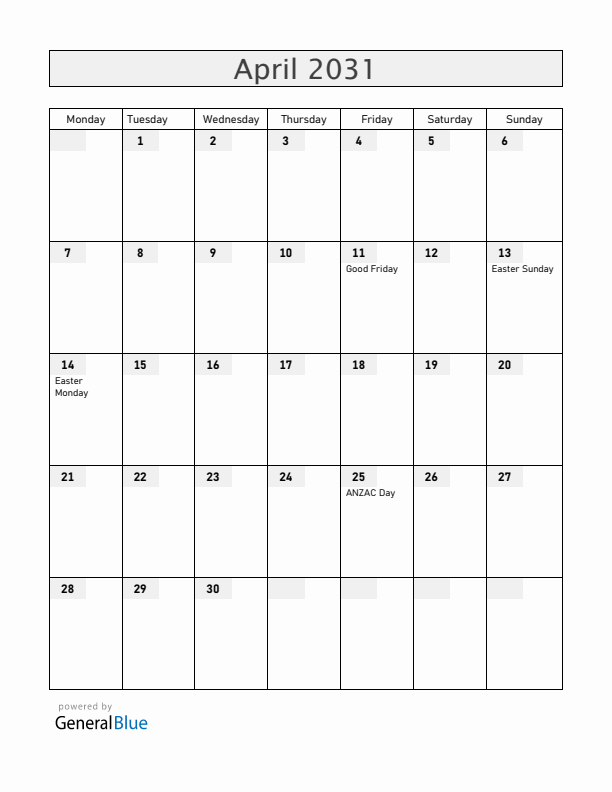 New Zealand April 2031 Calendar with Holidays