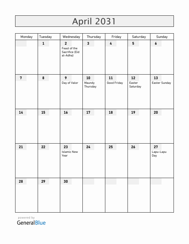 Philippines April 2031 Calendar with Holidays