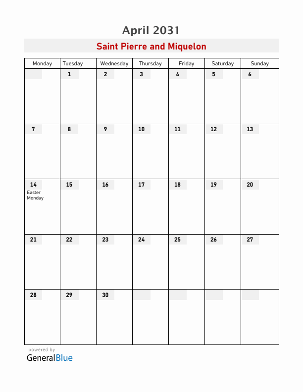 Saint Pierre and Miquelon April 2031 Calendar with Holidays