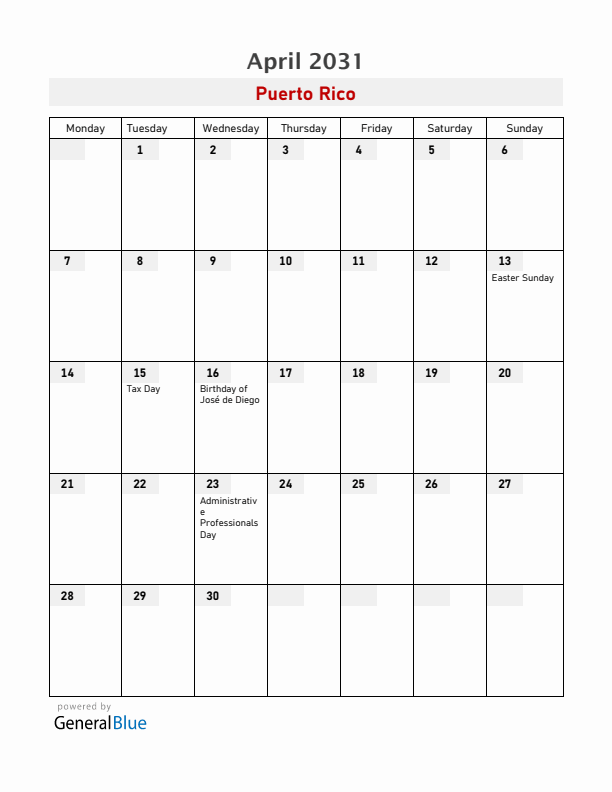 Puerto Rico April 2031 Calendar with Holidays