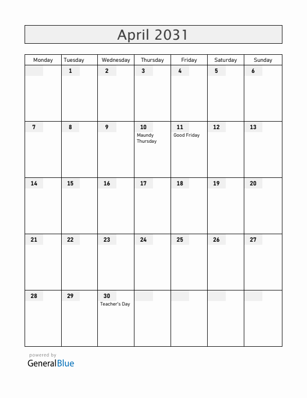 Paraguay April 2031 Calendar with Holidays