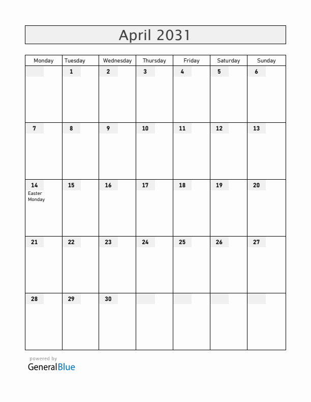 Reunion April 2031 Calendar with Holidays