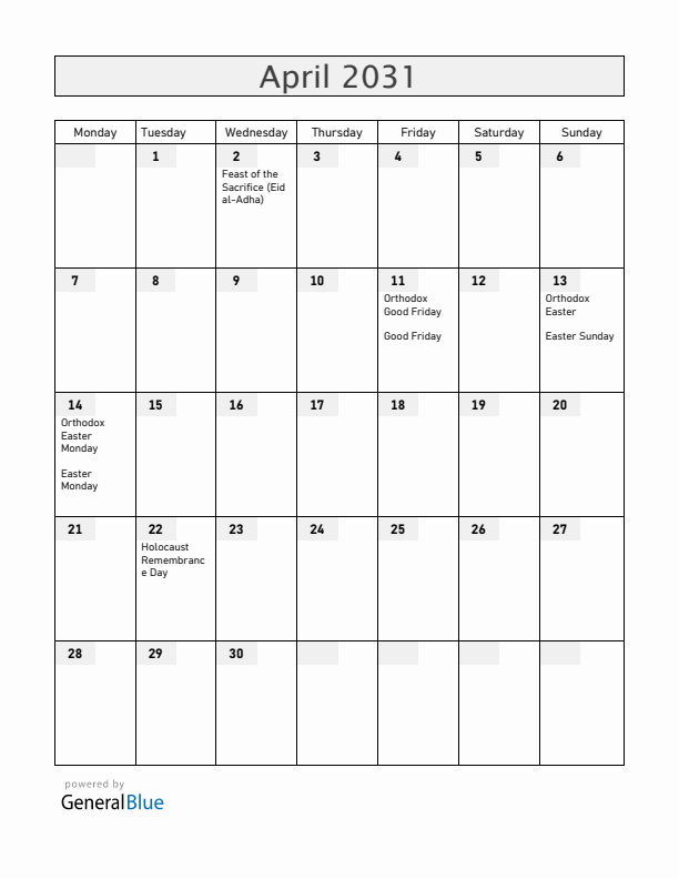 Serbia April 2031 Calendar with Holidays