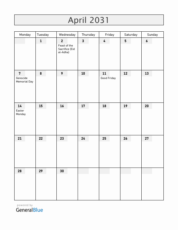 Rwanda April 2031 Calendar with Holidays