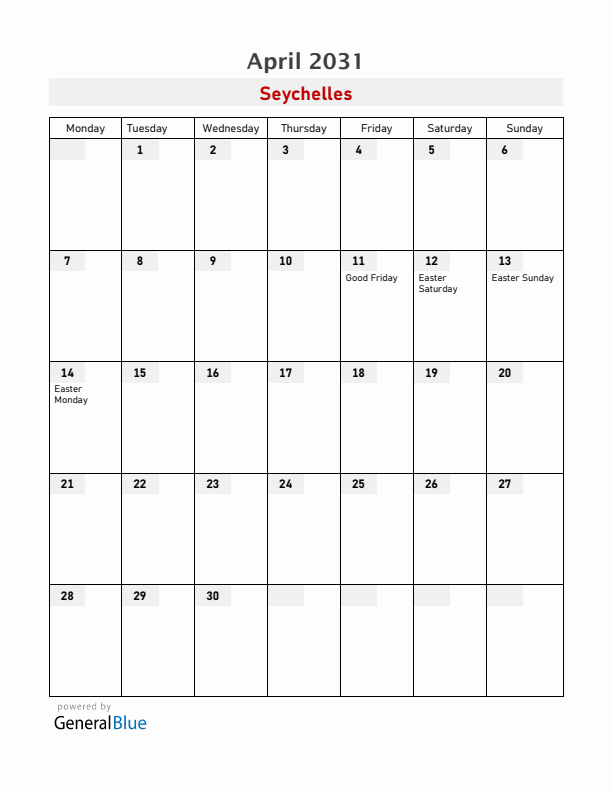 Seychelles April 2031 Calendar with Holidays