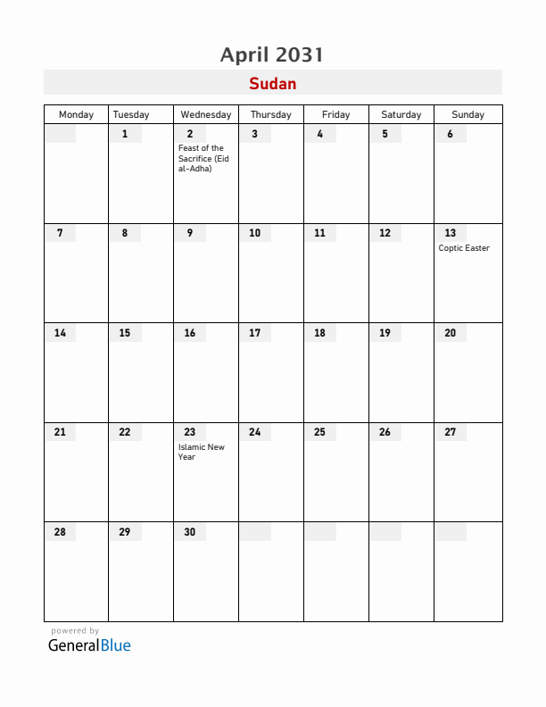 Sudan April 2031 Calendar with Holidays