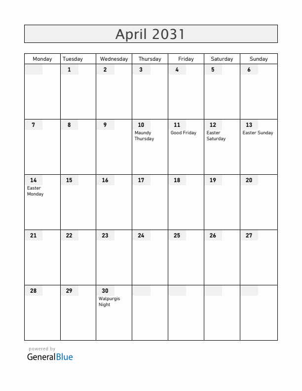 Sweden April 2031 Calendar with Holidays