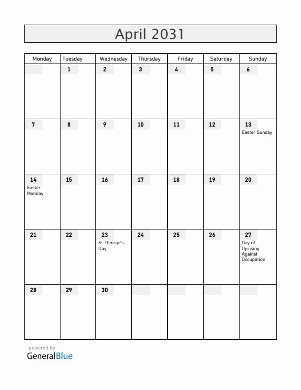 Slovenia April 2031 Calendar with Holidays