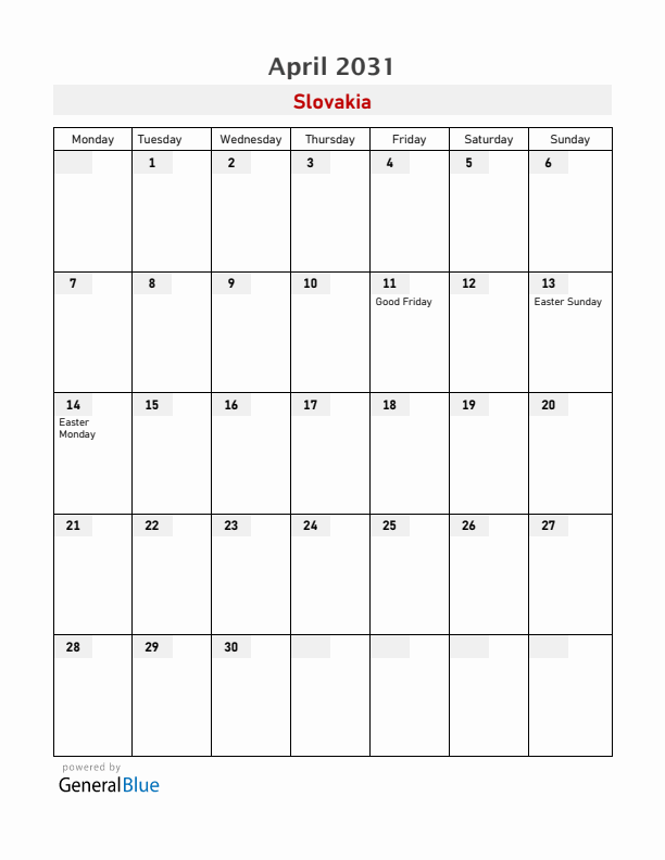Slovakia April 2031 Calendar with Holidays