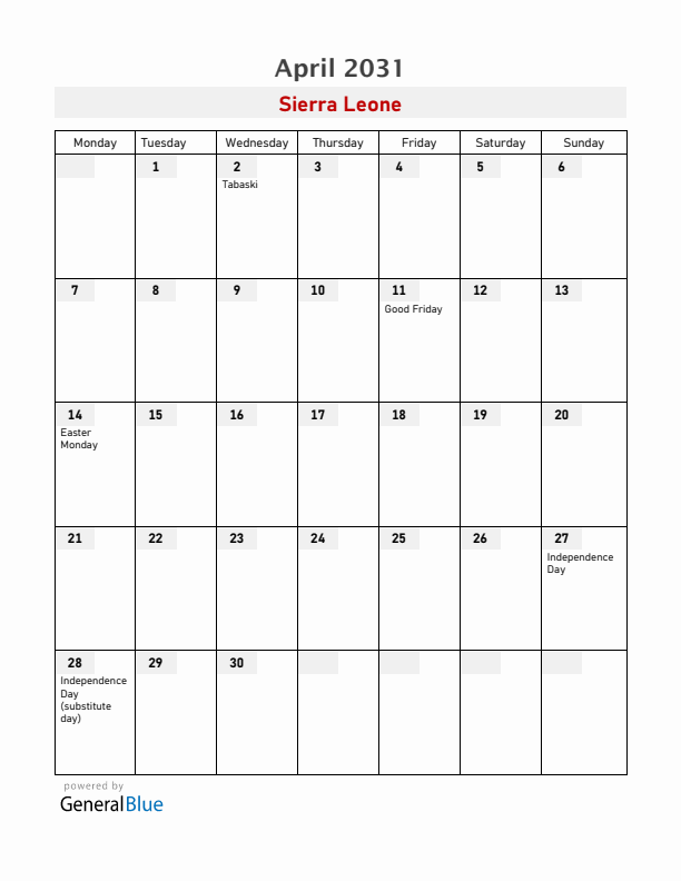Sierra Leone April 2031 Calendar with Holidays