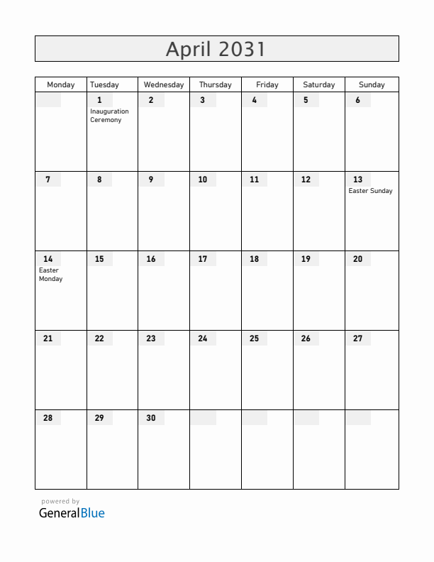San Marino April 2031 Calendar with Holidays