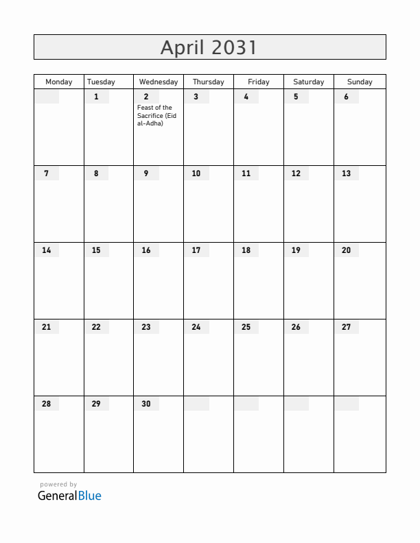 Somalia April 2031 Calendar with Holidays