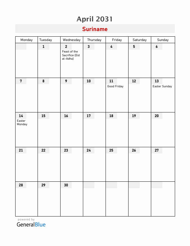 Suriname April 2031 Calendar with Holidays