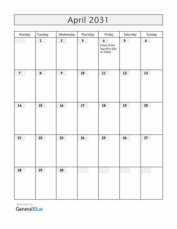 South Sudan April 2031 Calendar with Holidays