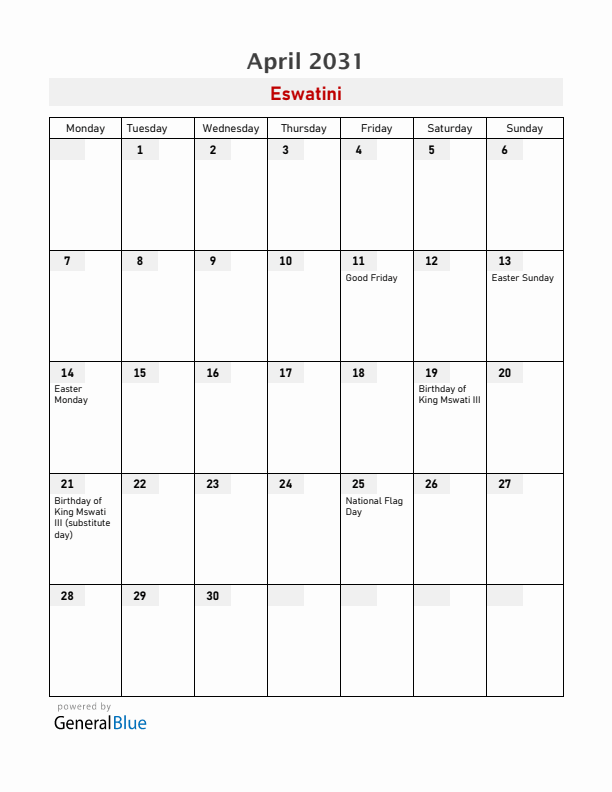 Eswatini April 2031 Calendar with Holidays