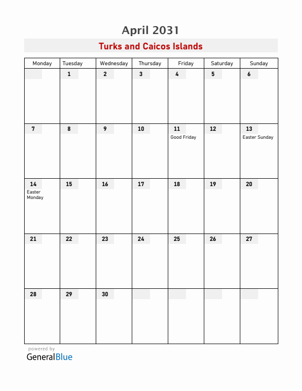 Turks and Caicos Islands April 2031 Calendar with Holidays