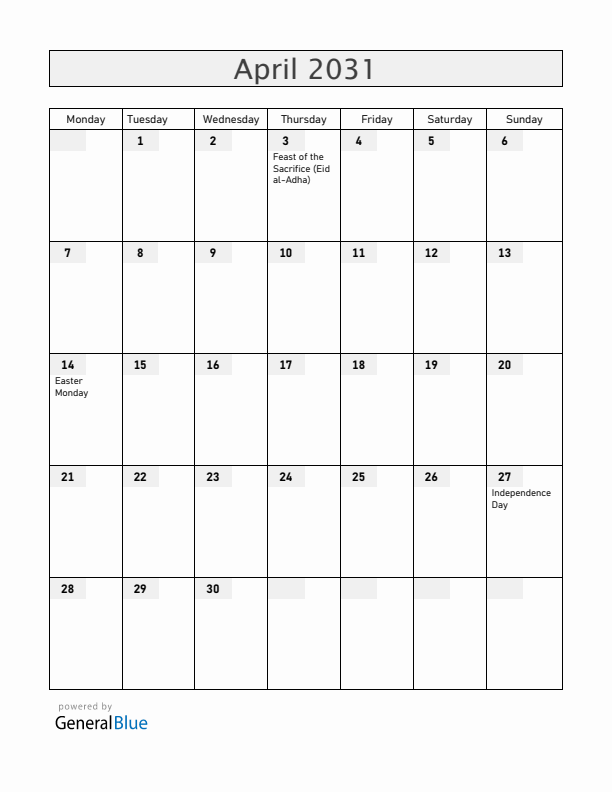 Togo April 2031 Calendar with Holidays