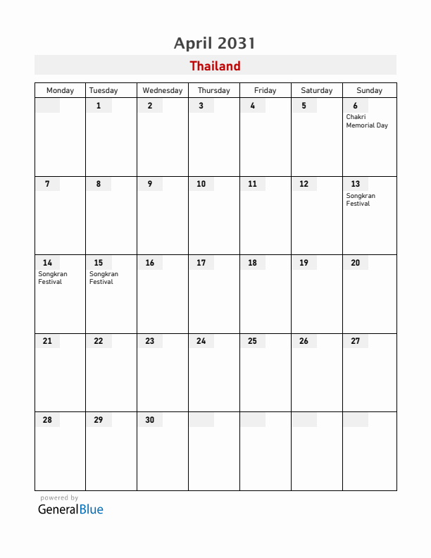Thailand April 2031 Calendar with Holidays