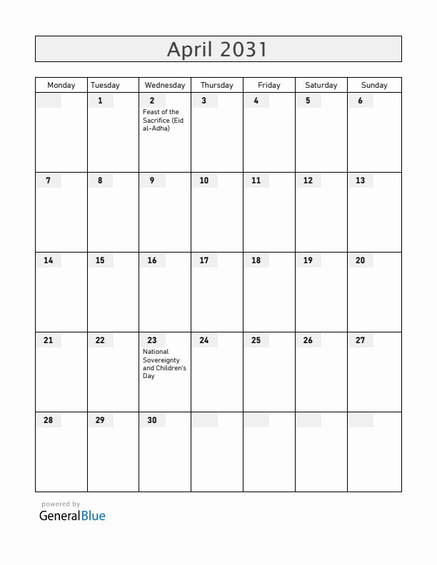Turkey April 2031 Calendar with Holidays