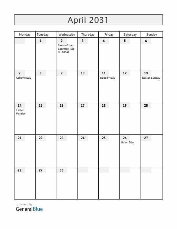 Tanzania April 2031 Calendar with Holidays