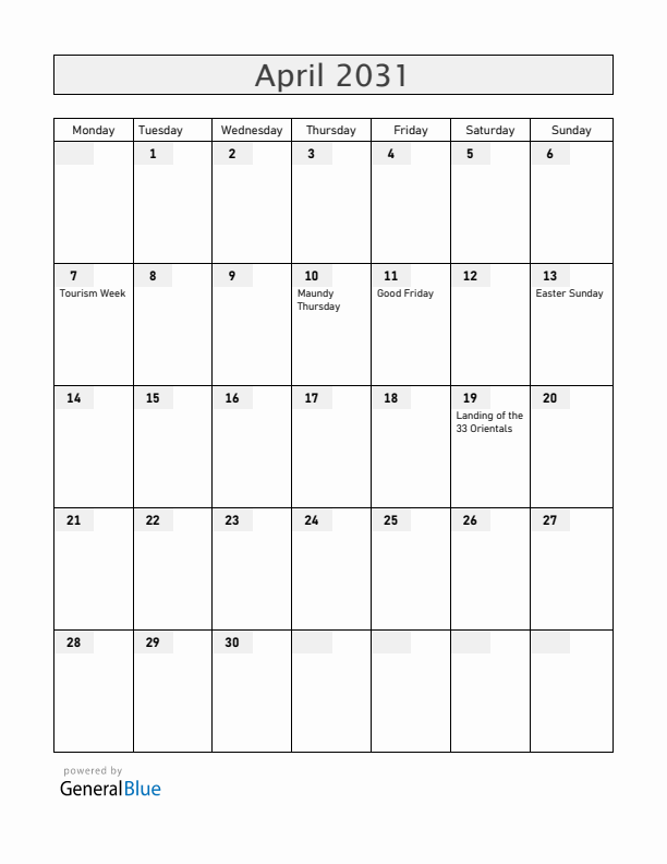 Uruguay April 2031 Calendar with Holidays