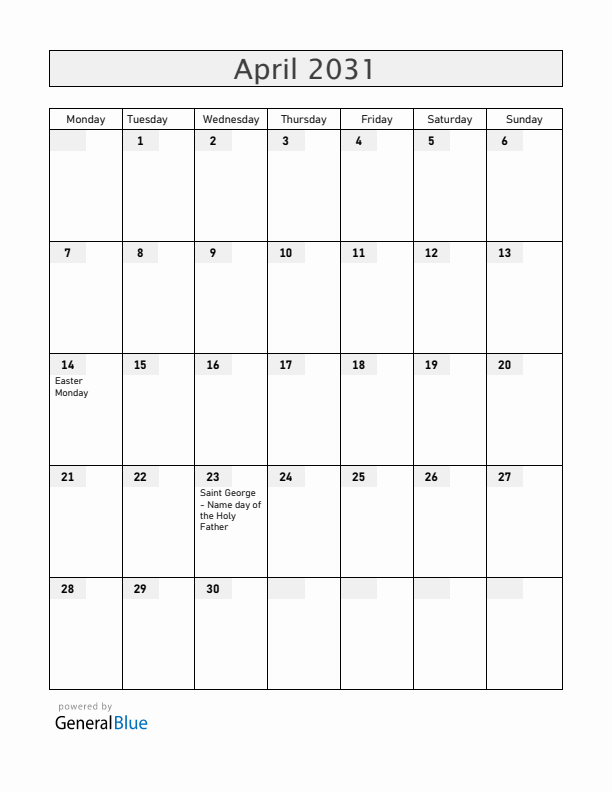 Vatican April 2031 Calendar with Holidays