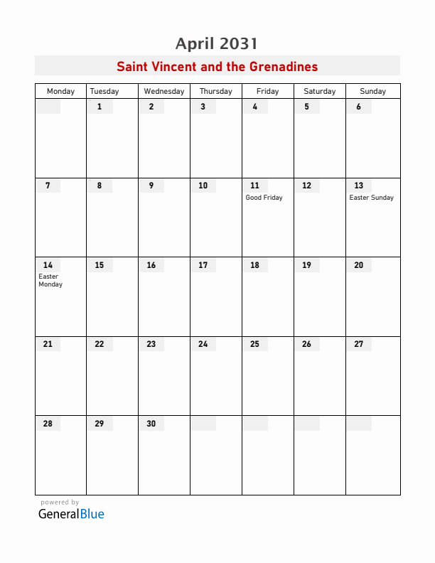 Saint Vincent and the Grenadines April 2031 Calendar with Holidays