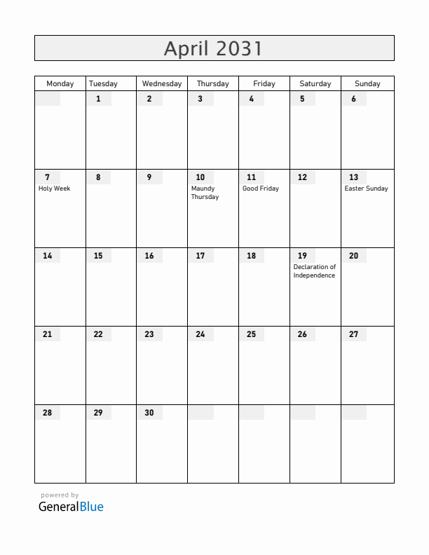 Venezuela April 2031 Calendar with Holidays