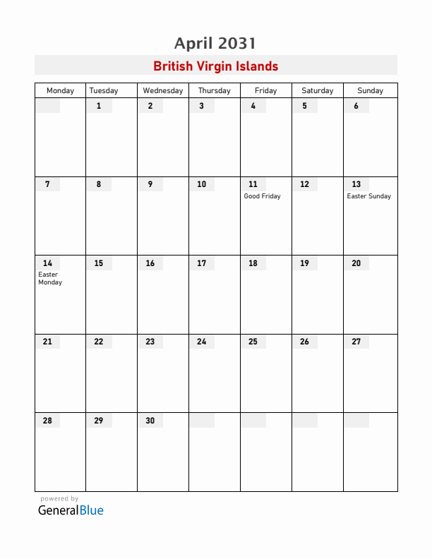 British Virgin Islands April 2031 Calendar with Holidays