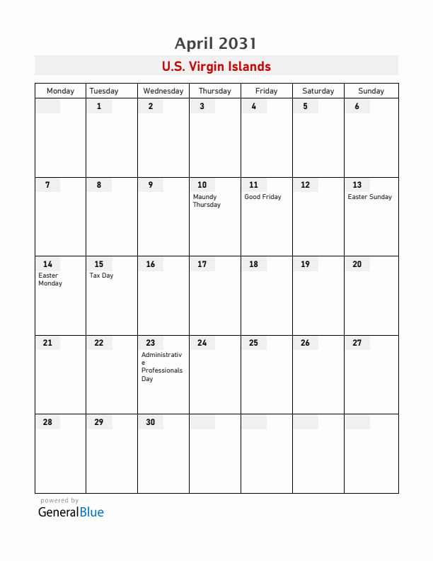 U.S. Virgin Islands April 2031 Calendar with Holidays