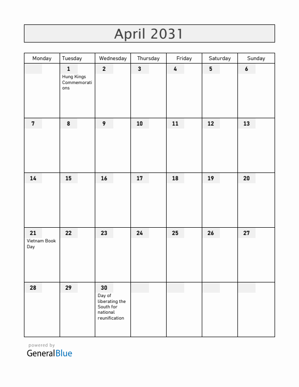 Vietnam April 2031 Calendar with Holidays