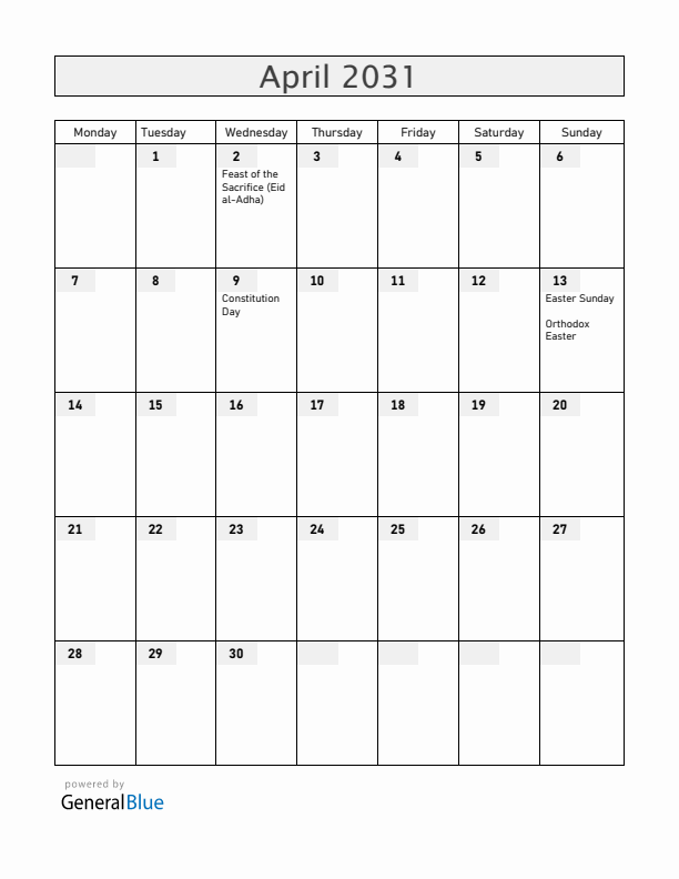 Kosovo April 2031 Calendar with Holidays