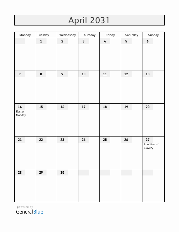 Mayotte April 2031 Calendar with Holidays