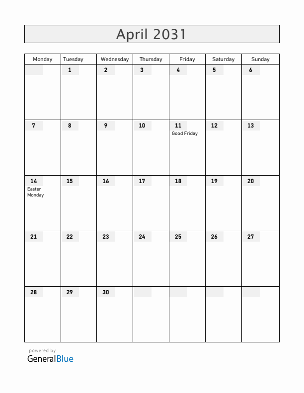 Zambia April 2031 Calendar with Holidays