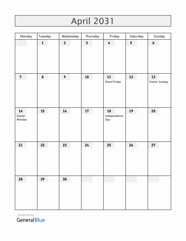 Zimbabwe April 2031 Calendar with Holidays
