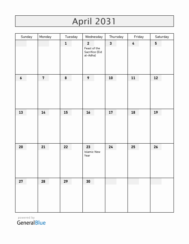 United Arab Emirates April 2031 Calendar with Holidays