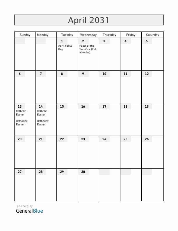 Albania April 2031 Calendar with Holidays