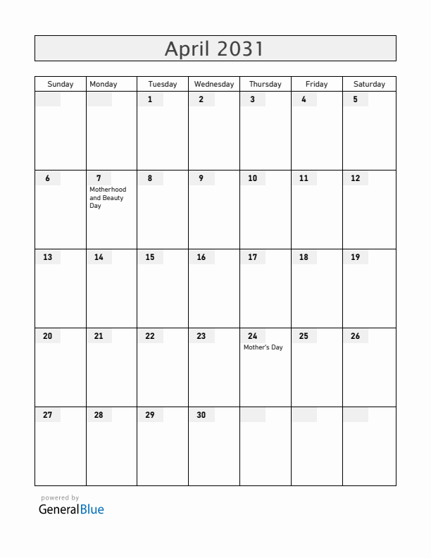 Armenia April 2031 Calendar with Holidays