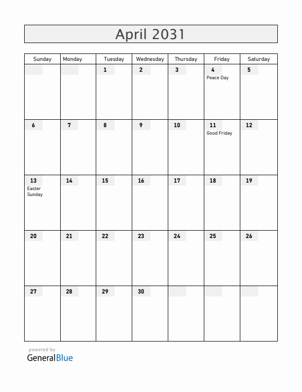 Angola April 2031 Calendar with Holidays