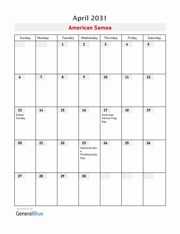 American Samoa April 2031 Calendar with Holidays