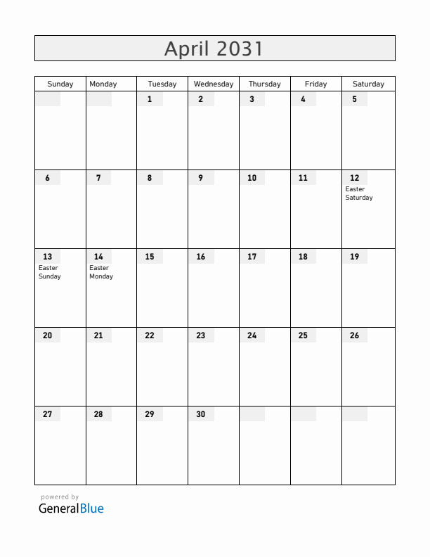 Austria April 2031 Calendar with Holidays