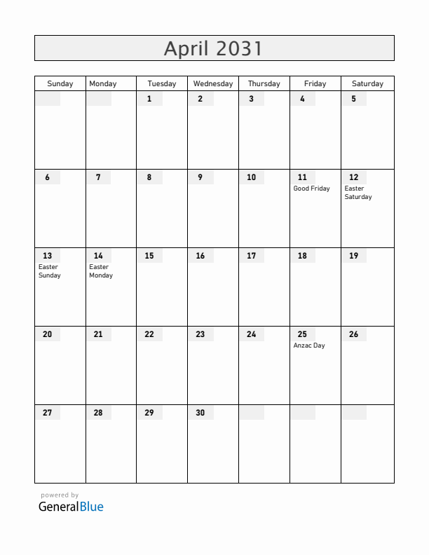 Australia April 2031 Calendar with Holidays