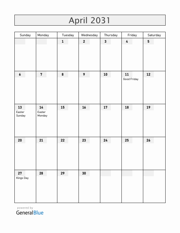 Aruba April 2031 Calendar with Holidays