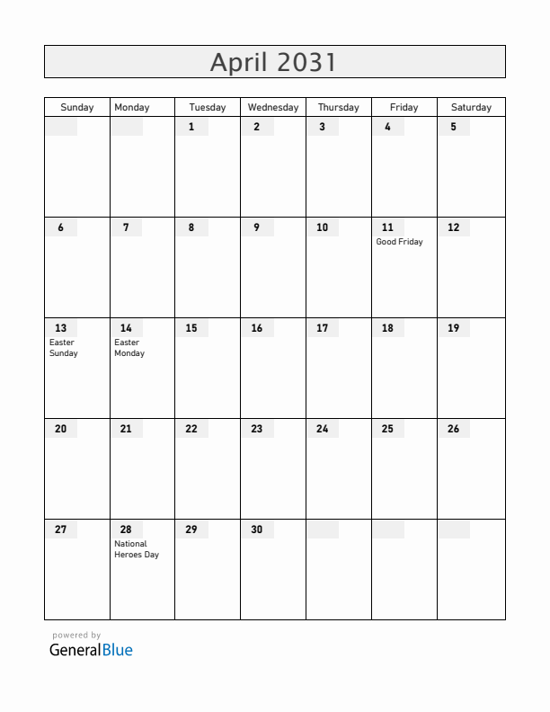 Barbados April 2031 Calendar with Holidays