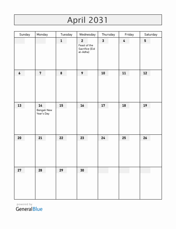 Bangladesh April 2031 Calendar with Holidays