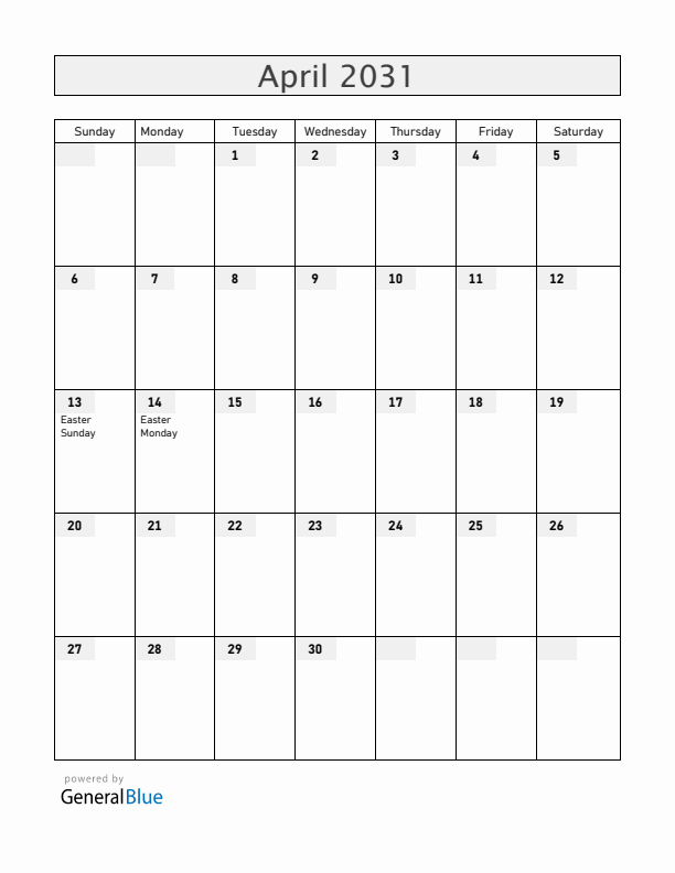 Belgium April 2031 Calendar with Holidays