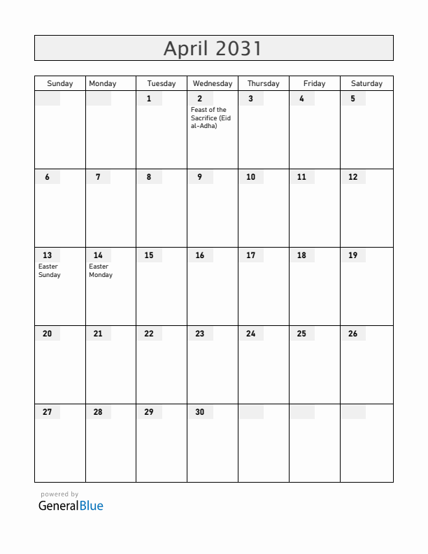 Burkina Faso April 2031 Calendar with Holidays